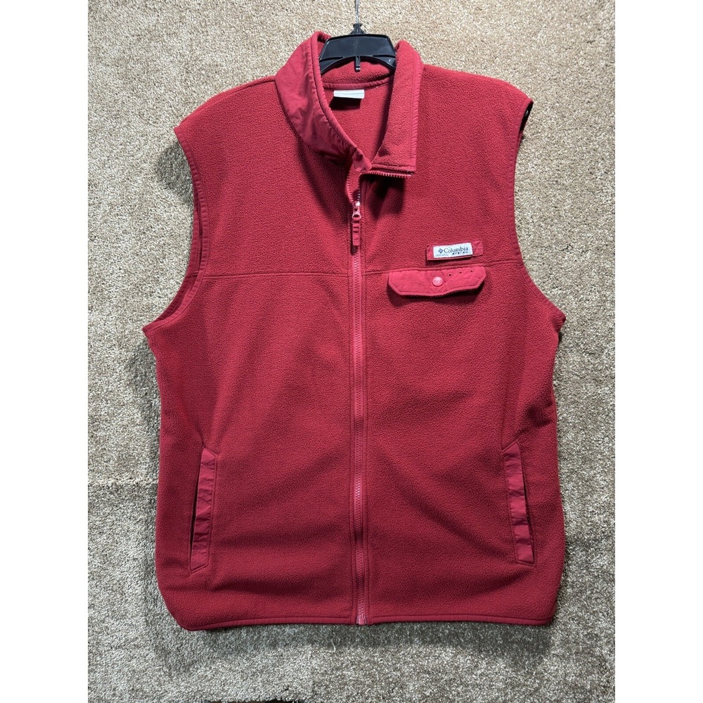Columbia PFG Men's Large Full Zip Outdoor Hiking Fleece Vest Jacket - Red‎